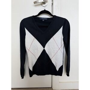 Tommy Hilfiger Sweater Women's Small Black/White Argyle Diamond V-Neck Pullover